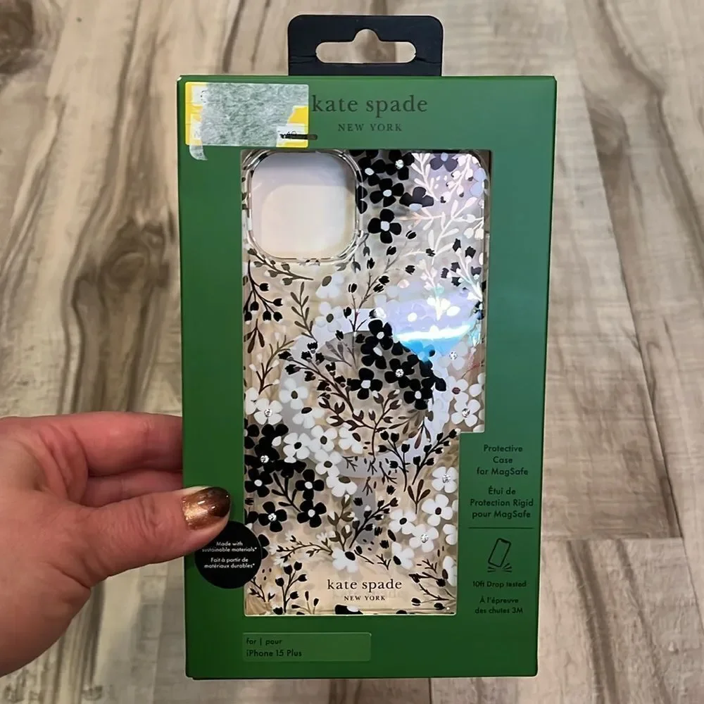 Kate Spade iPhone 15 Plus Protective Case MagSafe Black & White Floral Gems